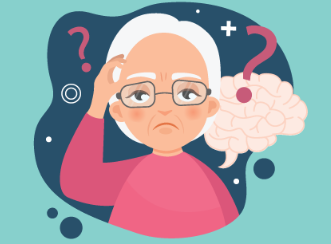 graphic of elderly person in glasses, hand to head with question marks