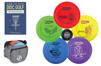5 multicolor discs for disc golf, mini disc, carrying case and book