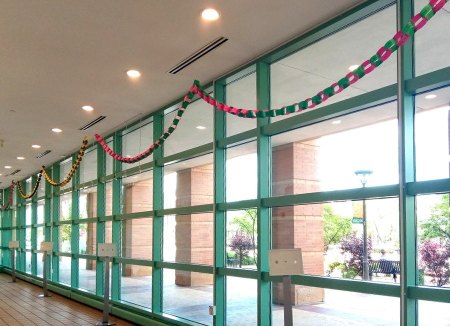 Paper chains hanging in the library vestibule. 